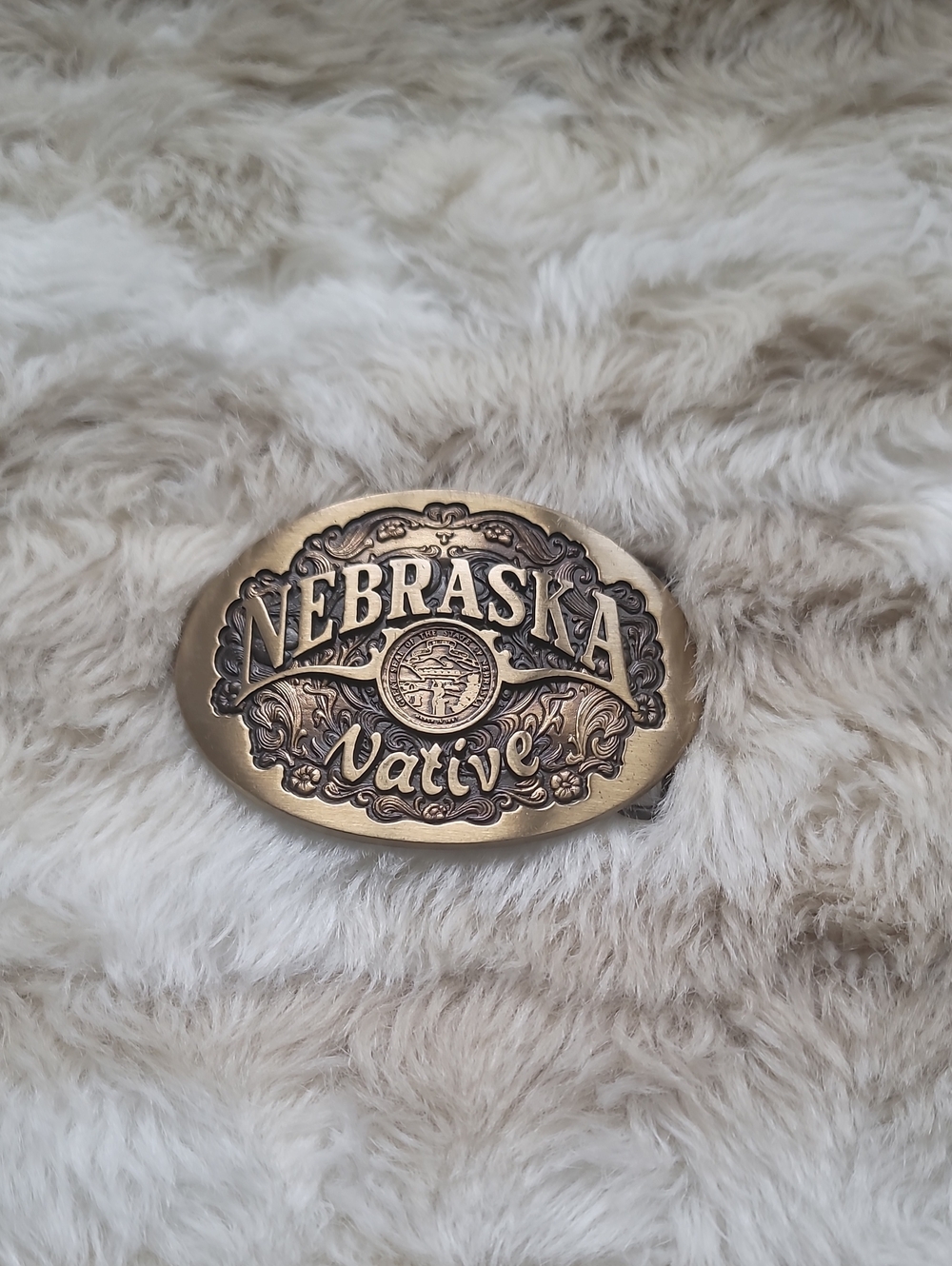 Nebraska Native Brass Belt Buckle - Brown/Gold